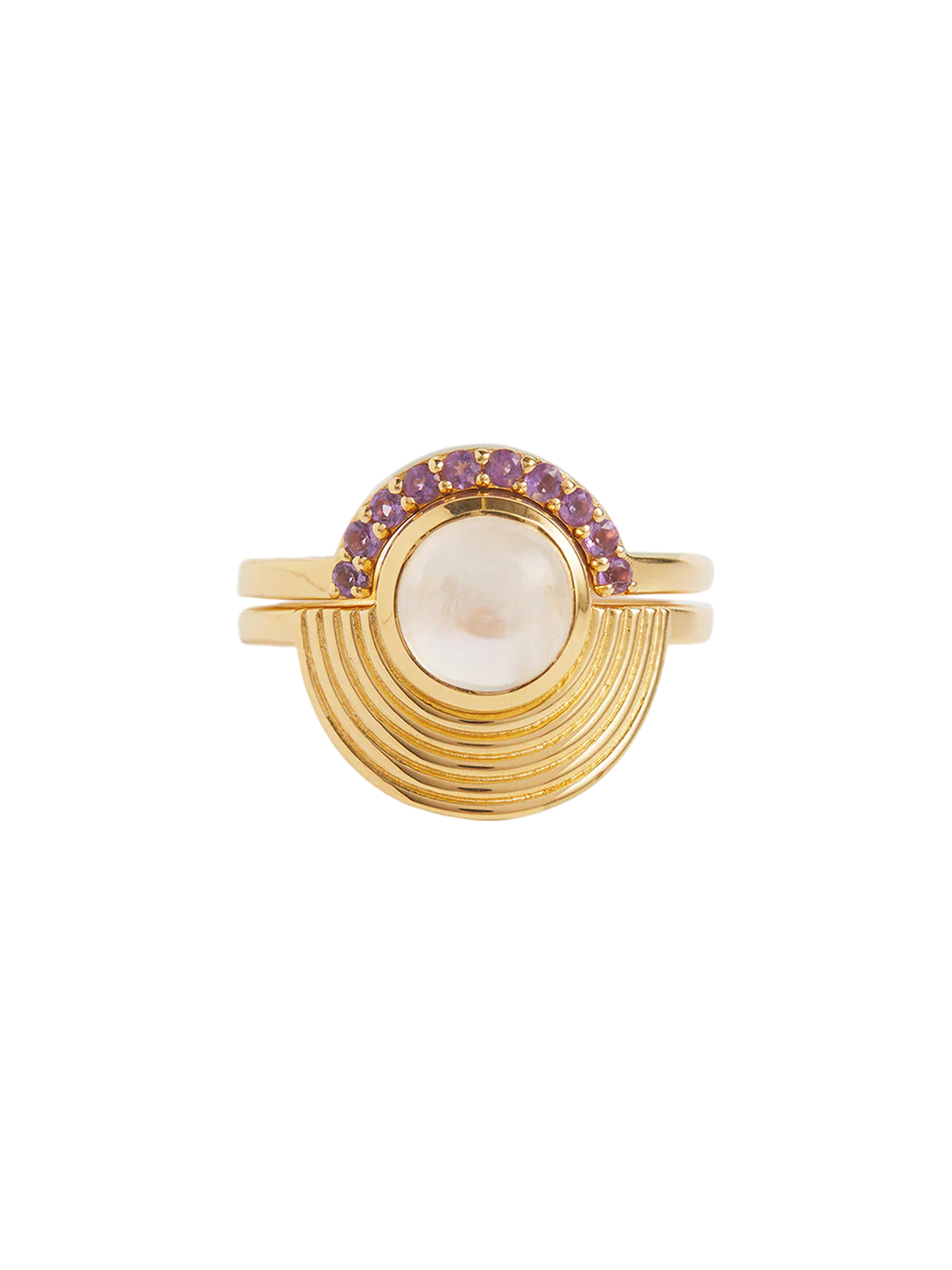 Interstellar Moonstone and Amethyst Fine Stack Solid Gold Ring Set